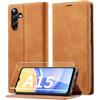 Lanhiem Cover per Samsung Galaxy A15 5G/4G con Vetro Temperato, RFID Blocker, Flip Libro in Pelle Premium, Wallet Case con Porta Carte, Portafoglio Magnetica, Custodia Samsung A15 5G/4G, Marrone