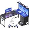 Coleshome Scrivania Gaming con LED, 130 x 100 cm Reversibile Tavolo Gaming con Cassetti e Prese, Scrivania Angolare con Ripiani e spazio di archiviazione, Nero Fibra di Carbonio
