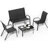 LIFERUN Set Salotto da Giardino 4 Pezzi, Set Mobili da Esterno con Divano 2 Posti, 2 Poltrone, 1 Tavolino in vetro, Textilene Traspirante, Set da Conversazioni per Piccolo Balcone, Terrazzo (Nero)