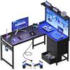 Coleshome Scrivania Gaming con LED, 110 x 80 cm Reversibile Tavolo Gaming con Cassetti e Prese, Scrivania Angolare con Ripiani e spazio di archiviazione, Nero Fibra di Carbonio