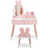 COSTWAY Toeletta Trucco 2 in 1 per Bambina, Specchiera a Forma di Coniglio Staccabile per Ragazza in Legno con Sgabello, Ripiano e 2 Cassetti, Postazione Trucco, 78 x 37 x 110cm (Rosa)