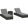 Outsunny Set di 2 Lettini Prendisole da Giardino in Rattan con Tavolino in Vetro Temperato, Sdraio da Giardino con Schienale Regolabile 6 Livelli, Cuscini, per Spiaggia Piscina Terrazzo, Grigio Scuro
