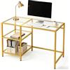 RELAX4LIFE Scrivania in Vetro Temperato, Scrivania per Computer con 2 Ripiani Aperti e Struttura in Metallo, Tavolo Consolle Moderno per Soggiorno, Ufficio e Studio, 106 x 51 x 77,5 cm (Oro)
