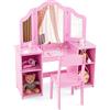 RELAX4LIFE Toeletta per Bambini con Specchio, Specchiera per Ragazzi in Legno Robusto, Tavolo da Trucco con Ampio Spazio di Stoccaggio (Toeletta + Sgabello, Rosa)