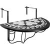 tectake® Tavolo da Balcone 75x65x62 cm, Tavolo da Esterno in Mosaico di Pietra, Ganci di metallo per appenderlo, Design Semicircolare, per Terrazzo e Balcone, Arredo Giardino e Casa - Nero/Bianco