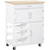 HOMCOM Carrello da Cucina con 9 Portabottiglie, 3 Ante, 4 Ruote e Cassetto, Mobiletto Cucina Salvaspazio con Piano in Legno di Gomma, per Soggiorno, 67x37x87 cm, Bianco e Rovere