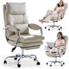 EMIAH Sedia da Ufficio Direzionale con Poggiapiedi, Comoda Sedia Scrivania con Braccioli, Poltrona Ufficio Ergonomica Reclinabile in Pelle PU con Ruote, Sedia per Computer con Cuscino Ispessito, Beige