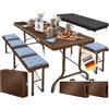 KESSER® Set tenda da birra - Set da 3 pezzi, Tavolo + 2 x Panca, per Interni - Esterni, AxLxP - 73x180x75 cm, Plastica, Set da Giardino in simil Rattan, Pieghevole, Marrone
