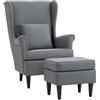 HOMCOM Poltrona Relax con Pouf Poggiapiedi, Cuscino e Schienale Alto, Poltroncina Camera da Letto in Tessuto Trapuntato con Gambe in Legno e Braccioli per Salotto e Soggiorno, 75x83x104 cm, Grigio