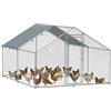 PawHut Pollaio per Galline da Esterno, 3x3.4x1.9m 10.2m² Recinto per 10-15 Galline in Acciaio Zincato, Gabbia per Polli con Tetto Impermeabile Anti-UV e Serratura, per Piccoli Animali Anatre e Conigli