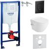 LAVITA Elemento da parete Solido + parete sospeso WC Salto bianco senza bordi + sedile WC con abbassamento automatico nero, set completo da incasso