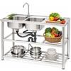 CLKAX Lavello autoportante in acciaio inox, 2 vasche, 120 x 45 x 80 cm, lavello in acciaio inox, 3 livelli, doppio lavello con rubinetto a 360°, scolapiatti per cucina e ristorante