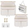 Qanye 2 Pezzi Borsa Portaoggetti da Appendere, Organizer da Parete in Tessuto Lino e Cotone, con 3 Scomparti e Gancio Adesivo, Impermeabile, per Camera, Bagno, Cucina, Dormitorio (Bianco)