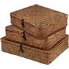 SINJEUN Set di 3 Cestini Portaoggetti in Vimini con Coperchio, 28x24x6,5 e 32x28x7 cm, Marrone, per Soggiorno Bagno e Cucina