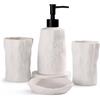 INGOFIN Set di accessori da bagno 4 pezzi, design bianco in rilievo per casa e hotel, decorazione della fattoria, contiene tazza spazzolino da denti, dispenser di sapone e bicchiere piatto bianco