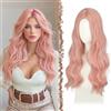 FESHFEN Parrucca Lunga Ondulata - Lace Front Parrucca per Donna Lunghe Ondulate Biondo Rosa Wigs Naturali Sintetici Capelli Parrucche Uso Quotidiano Festa, 60 cm