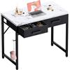 PAMRAY 80x40cm Scrivania per Computer Piccola con 2 Cassetti per Camera da Letto, Studio, Scrittura, Tavolo per Ufficio Domestico adatto a Piccoli Spazi, Marmo