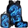 Wnbucioht Zaino 3 in 1 per bambini e ragazzi, con borsa termica per il pranzo, portapenne, set di borse per la scuola, Drago Blu Animale, Taglia unica, Set di zaini per la scuola