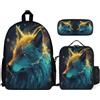 WECECE Zaino Scuola Wolve Bambini 3 Pezzi con Sacchetto Pranzo e Astuccio, Set Zaini Animal Wolf Ragazza 6-13 Anni per Lezioni