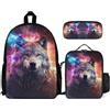 WECECE Set Zaini Wolves Bambino con Sacchetto per Pranzo e Astuccio, Borsa Scuola Animal Wolf Studenti Classe 3-5 per Tempo Libero