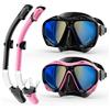 MELUMILU Maschera da snorkeling per adulti, con lente in vetro temperato a specchio, ampia visuale a 180°, anti-appannamento, set professionale per nuoto e immersioni (nero + rosa)