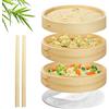 Flexzion Set vaporiera cestello per cucina a vapore in bambù (20 cm / 8 pollici) con 50 strisce per cottura e 2 paia di bacchette, Accessori elettrodomestici di bamboo per cottura di alimenti