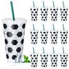 VorErgyllic Set di 12 Bicchieri di Plastica a Tema Calcio 710ml con Coperchio e Cannuccia, Tumbler Riutilizzabile per Feste Compleanno, Decorazione per Party Sportivi, per Bambini e Adulti (Cannuccia Verde)