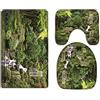 A.Monamour Set Tappeti Bagno 3 Pezzi Completo Alberi Verdi Foresta Montagna Rocce Pietre Cascata Antiscivolo Morbidi Assorbente Lavabile Tappetini per Il Bagno WC Bidet