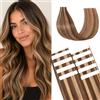 Silk-co Extension Adesive Capelli Veri Biadesivo #4P27 Marrone Medio + Biondo Scuro, 10 Ciocche Biadesive 15g per Sfumature/Volume 30cm