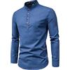 YAOTT Camicia da Uomo Camicie da Lavoro Basic a Maniche Lunghe Camicia in Cotone Lino con Collo alla Coreana Tinta Unita Camicie Casual Slim Fit Elegante Bussiness Henley Shirt Abbottonata Blu XL