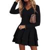 ORANDESIGNE Abito Casual Donna a Maniche Lunghe con Scollo a V Mini Abiti Linea ad A Vestito a Tunica Sottile a Volant Svasato A Nero L