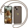 ZhuoFan Cover per iPhone 15 con Cordino, Silicone Custodia Aesthetic Motivo Cuore in lamina d'oro Ragazze Donne Cute Disegni Laccio Tracolla Protezione della Fotocamera Antiurto Case, Marrone