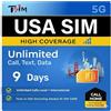 TSIM SIM USA 9 giorni con Call Home | Alta copertura di rete | Dati illimitati sulla rete | Chiamate/SMS locali + internazionali illimitati negli USA (inclusa Alaska) | SIM 5G