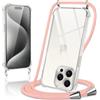 Coiwxmoi Cover per iPhone 15 Pro con Cordino 6,1,Trasparente Custodia con Laccio Tracolla Corda Catena Cinghia,Ultra Morbido Silicone TPU Antiurto Case per iPhone 15 Pro, Oro Rosa