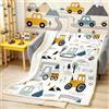 Loussiesd - Coperta per bambini con auto dei cartoni animati, coperta in pile Sherpa per costruzione, decorazioni, attrezzature, camion, peluche, escavatore, trattore, coperta bianca per bambini, 30