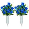 SIFOEL Fiori artificiali cimitero con vaso, bouquet di rose artificiali per lapidi cimitero, set di 2 (Blue)