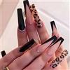 RUNRAYAY Unghie finte acriliche con stampa leopardata lunghe con strass, unghie a pressione per donne ragazze con punte francesi, unghie nude con punte a copertura totale per unghie da festival