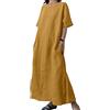 ORANDESIGNE Abito Lungo Donna Cotone e Lino Caftano Allentato a Maniche Corte Girocollo Boho Abito Ampio Casual Oversize Elegante Maxi Abiti con Tasche Vestito Lungho Estivo C Verde L