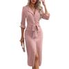 ORANDESIGNE Vestito Camicia Donna Elegante Lungo con Bottoni Davanti Slim Fit Manica Lunga Camicetta Blusa Dderente Abito Cerimonia Curvy Midi Cocktail Vestitino al Ginocchio Blu XL