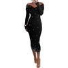 ORANDESIGNE Abito Lungo Donna Vestito Maniche Lunghe Sexy Abito Senza Spalline Bodycon Abiti Lunghi Patchwork Rete Slim Fit Trasparente Nero Midi Abito da Cerimonia Festa Sera B Nero L