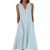 Generic Abito da donna in tinta unita con scollo a V e tasche laterali, casual, medio lungo, per tutti i giorni, vestito per l'estate, Azzurro, XXL