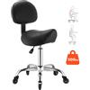 VEVOR Sgabello a Sella con Schienale per Salone, Sedile Ergonomico Portata Massima 226,8 kg, Altezza Regolabile, Ruote Silenziose, in Similpelle, Girevole a 360°, Colore Nero, per Centri Estetici