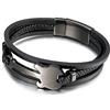 Ayoiow Bracciale Acciaio E Pelle Nero, 20.9cm Bracciale Intrecciato Multistrato con Chitarra Uomo Bracciale