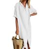 shownicer Vestiti Donna Estivi Abito in Lino Scollo a V Manica Corta Vestiti Casual Tinta Unita Vestito Lunga Camicia Vestiti da Spiaggia Midi Dress A Bianco XL