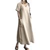 Onsoyours Abito Lungo Estivo da Donna in Cotone e Lino Caftano Allentato a Maniche Corte Abito Casual Spiaggia Tinta Unita Scollo V Maxi Abito Largo con Tasche Vestito da Cocktail A Nero L