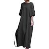 Minetom Donna Vestito Lungo Manica 3/4 Lino Casual Maxi Abito Elegante Scollo a Barca Puro Colore Cocktail Cerimonia Festa Vestiti Abiti B Nero 54