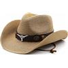 Plancholo Cappello da cowboy in paglia - Cappello da sole a tesa larga - Cappello Fedora Panama - Cappello di paglia estivo per uomo e donna, cachi., Taglia Unica