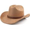 Melesh Cappello da Cowboy Occidentale per Donne e Uomini, Piccolo Cappello Corto a Tesa Larga da Spiaggia Cowgirls Cappelli da Cowboy, Cammello, Taglia Unica