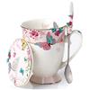 Eplze YBK Tech, tazza da tè e caffè in porcellana stile europeo con coperchio, per colazione, casa, cucina (motivo farfalle) (rosa)