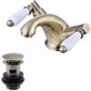 ENKI, Downton, BBT0239 - Miscelatore per lavabo, con leve in ceramica bianca scanalata, in ottone anticato